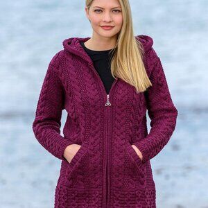 Hooded Cardigan Aran Crafts Wine Cable Knit Merino Wool 2way Zip Sweater S